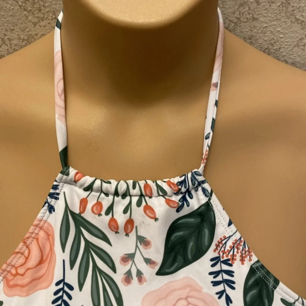 SHEIN Floral Halter Bikini Top in Pink and Green
